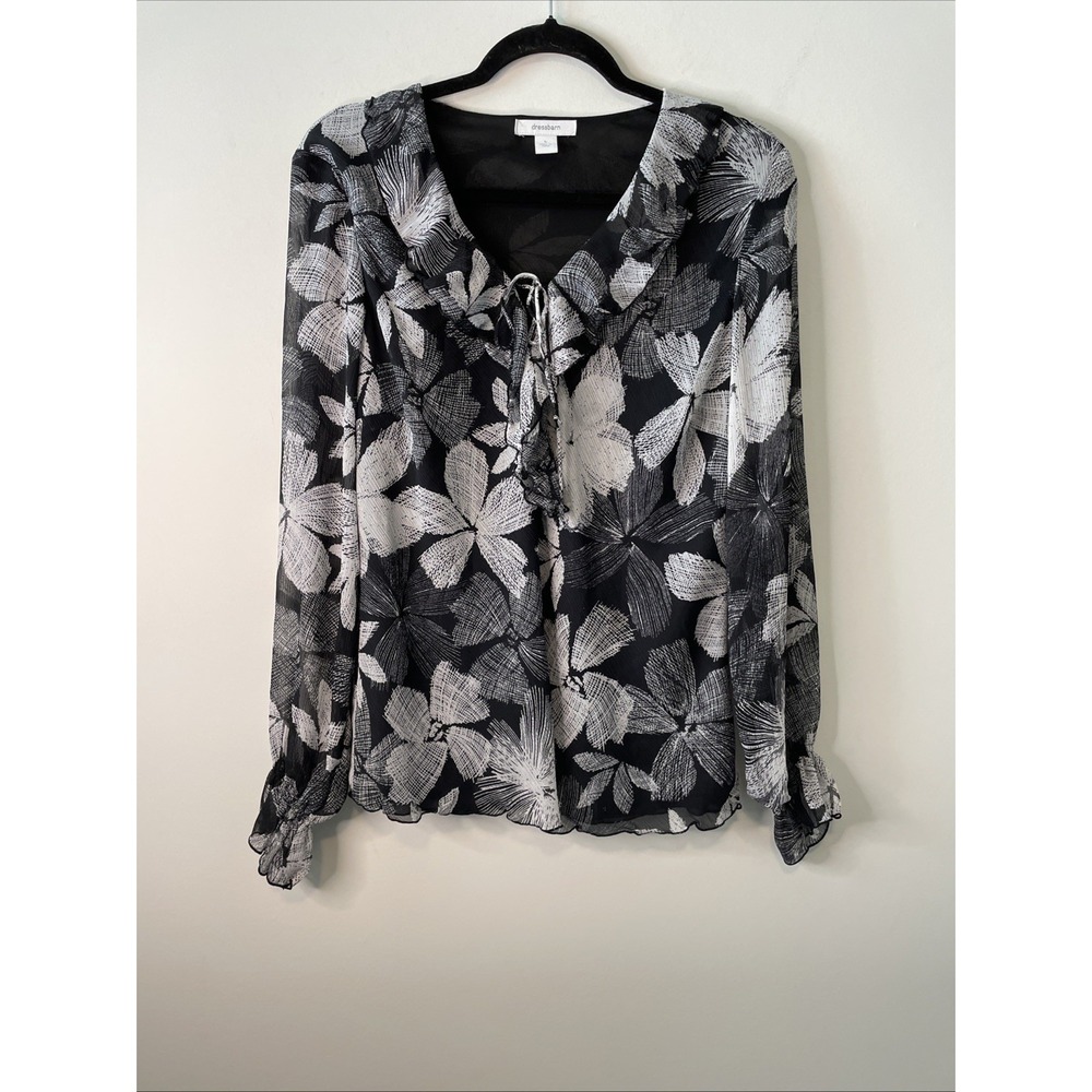 dressbarn Size L Black White Floral Sheer Blouse Ruffle Tie Neck Top